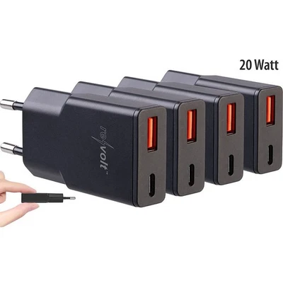 revolt 4er-Set Ultrakompakte USB-A/C-Netzteile, Power Delivery 20 W, schwarz - Bild 1 von 4