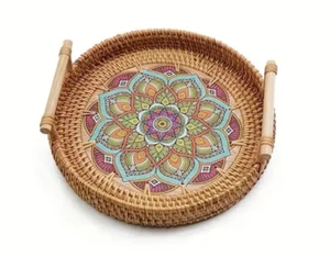 Mandala Handmade Sustainable Wicker Double Handwoven Multi Coloured Rattan Tray - Picture 1 of 2