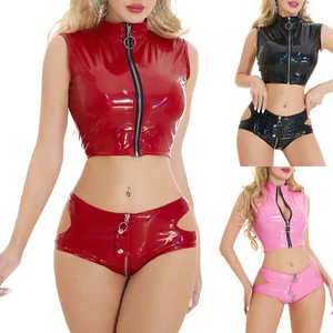 Damen 2-teiliges Trägertop mit Frontreißverschluss und Ausschnitt Booty Shorts Set Dessous Clubwear - Bild 1 von 46