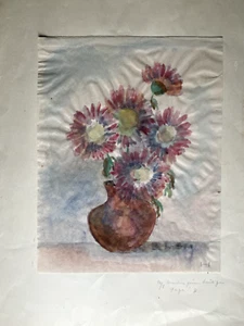 Watercolor Monogram Aster Antique Expressionist Drawing Flowers Study - Picture 1 of 4