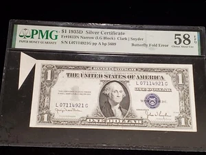 1935D $1 Silver Certificate PMG 58 EPQ BUTTERFLY FOLD ERROR (Z-0452) - Picture 1 of 2