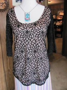ROPER LADIES BLACK LACE SHIRT FULLY LINED IN BEIGE LACE SLEEVES NYLON/SPANDEX/PO - Picture 1 of 4