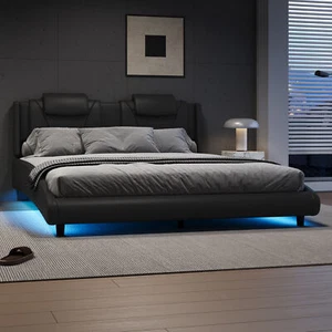Faux Leather Upholstered Platform Bed Frame with LED Light& Adjustable Headboard - Picture 1 of 6