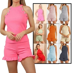 Women's Gold Button Vest Top Frill Shorts Set Ladies 2 Piece Co Ord Loungewear - Picture 1 of 24