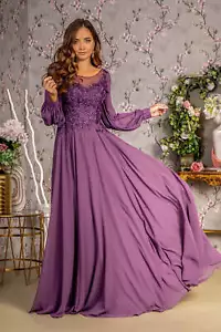 Floral Embroidery Sheer Boat Neckline Chiffon A-line Long Dress GLGL3363 - Picture 1 of 8