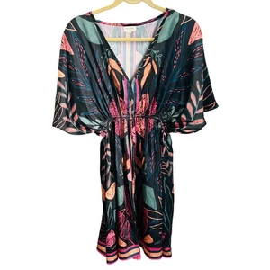 World Market Floral Dress Black Coral Teal V-Neck Kaftan Resort - Picture 1 of 4