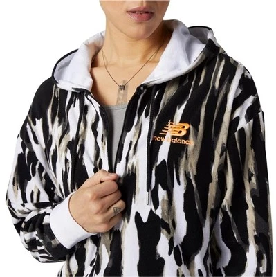 NEW BALANCE WOMEN TERRY PRINTED COLLIDE HOODIE BLACK WHITE RETRO NWOT Camo Crop - Image 1 of 4