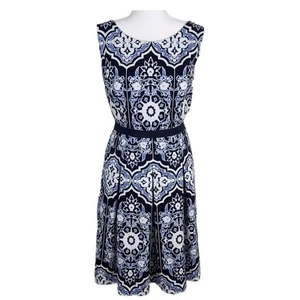 NWT Talbots Blue White Damask Textured Sleeveless Dress Size 8 Pockets - Picture 1 of 12