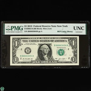 Series of 2013 $1 Federal Reserve Note FR B NY PMG UNC - 8888 Lucky Money - Picture 1 of 6