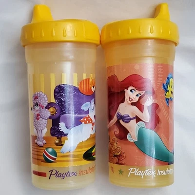 2 Vintage Playtex Insulator Sippy Cups Yellow The Little Mermaid Ariel & Dogs  - Image 1 of 4