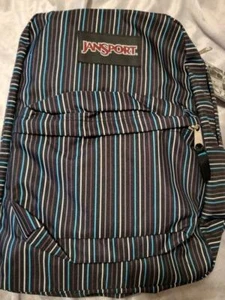 NWT JANSPORT SUPERBREAK BACKPACK BLACK BLUE WHITE GREY STRIPE FREE US S&H - Picture 1 of 3