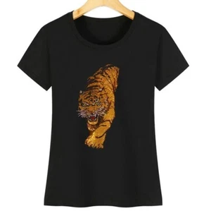 Neu Damen-T-Shirt Baumwolle heiß gebohrt Strass Tiger schwarz Kurzarm - Bild 1 von 9
