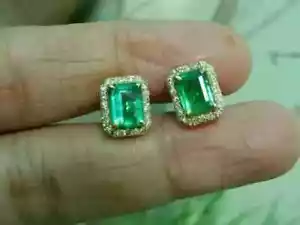 3.10Ct Emerald Cut Natural Emerald Halo Women's Stud 14k Yellow Gold Plated - Picture 1 of 6