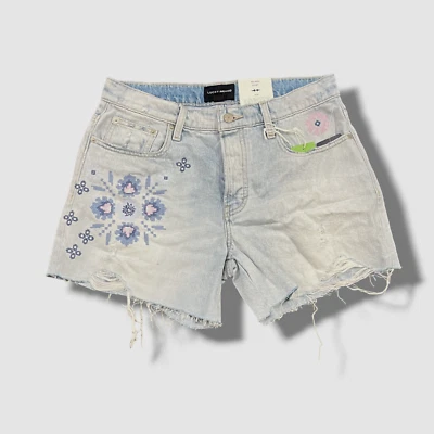 $80 Lucky Brand Women's Blue Embroidered 90's High-Rise Midi Shorts Size 0/25 - Image 1 of 3