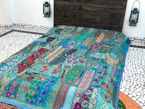 Patchwork Quilt Bedspread Coverlet Vintage Cotton embroidered Handmade Bohemian - Picture 1 of 7