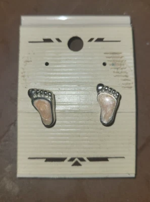 Precious Baby Feet Simulated Opal Silver Tone Stud Earrings - New - Image 1 of 2