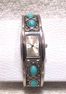 Silver Engraved Quartz Hinge Bangle Watch Turquoise Beads Silver Dial New Bat EC - Picture 1 of 10