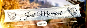 Strassenbanner Streetbanner Hochzeit 300 x 60 cm Just Married Ringe Stoff Neu - Bild 1 von 2
