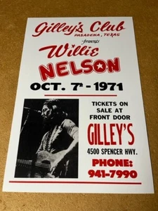 Póster de concierto de cartulina Willie Nelson 1971 Gilley's Pasadena Texas 12"x18" - Imagen 1 de 1