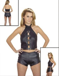 Sexy top halter de cuero para mujer cinco hebillas en cremallera frontal y lateral negro NUEVO - Imagen 1 de 1