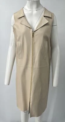 Oscar De La Renta S08 Beige Full-Zip Collared Leather Mid-Length Vest dress sz 8 - Image 1 of 4