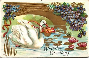 POSTCARD -BIRTHDAY GREETINGS-EMBOSSED/GOLD BRIDGE/WHITE SWAN WITH BASKET - Picture 1 of 2