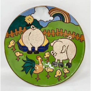 6" Judy Miller Studio Pottery Bowl Country Farm Scene Pigs Rooster Chicks - Picture 1 of 4