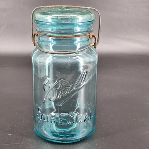Aqua Blue Glass Antique Sure Seal Ball Mason Jar - Picture 1 of 5