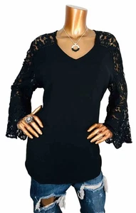 Top Chico’s 3 o XL nero maniche a campana blusa pizzo abbigliamento sexy tunica taglio basso a V - Foto 1 di 10