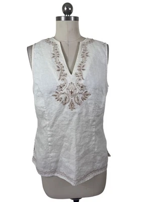 Blusa Josephine Chaus feminina de linho 8 marfim sem mangas bordada terrosa boho - Imagem 1 de 4