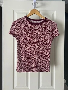 No Boundaries Ribbed Abstract Swirl Top Small Pink Burgundy Y2K Stretch - Picture 1 of 4