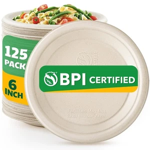 125 Count Compostable Paper Plates, 6 Inch Heavy Duty Disposable Plates by Bi... - Picture 1 of 8
