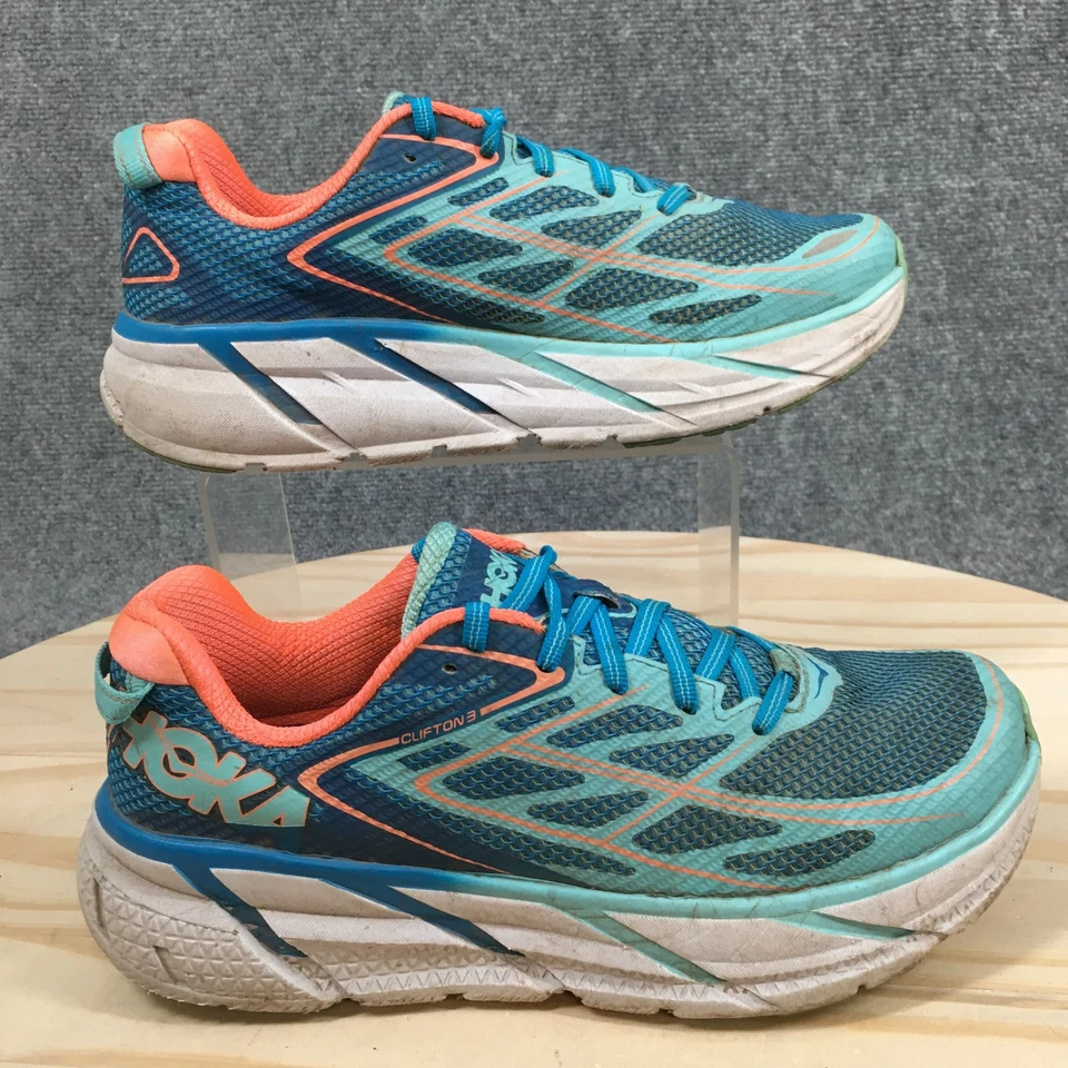 Zapatos para correr HOKA One One para mujer 8 Clifton 3 con cordones azul naranja malla Foto 1 de 4