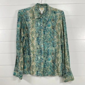 Talbots Shirt Damen 16 türkis aquamarin Seide Button-Down Langarm Schlangenleder-Druck - Bild 1 von 11