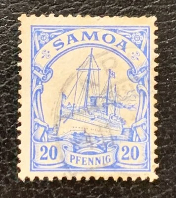 1915 GERMAN SOMOA 20PF BLUE YACHT SHIP NO WATERMARK CANCEL NGLH FINE - Image 1 of 2