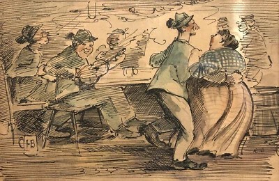 WATERCOLOR German ~ OKTOBERFEST BEER HALL ~ c1920s Drinking & Dancing BAR SCENE - Image 1 of 4