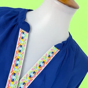 Society Girl Royal Blue Blouse XL Lightweight Neon Aztec Roll Tab Sleeve Top - Picture 1 of 16
