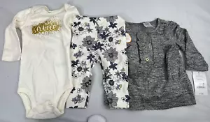 Baby Girls Carters 3-Piece Grey/Cream Bodysuit, Tunic Top, Bottom Set - 6 Months - Picture 1 of 7