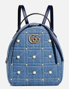 Gucci Women's GG Marmont Matelassé Denim Leather Pearl Embellished Backpack - Picture 1 of 17