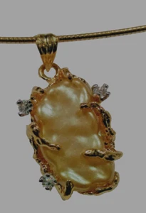 Freshwater Pearl Pendant CZ yellow gold 18kt slider gemstone w Omega Chain New - Picture 1 of 5