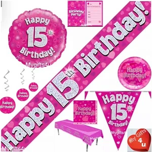 Pink Age 15th & Happy Birthday Party Decorations Buntings Banners Balloon Silver - Picture 1 of 18