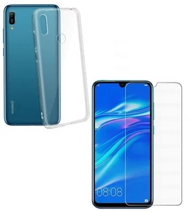 For HUAWEI Y6 2019 TEMPERED GLASS SCREEN PROTECTOR + CLEAR SILICONE TPU GEL CASE - Picture 1 of 12
