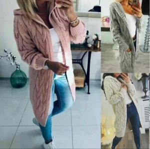Womens Hooded Long line Jumper Ladies Chunky Cable Cardigan Knitted Jacket Top - Picture 1 of 16