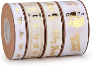 40 Yards Baby Shower Ribbon Welcome Baby White and Gold Ribbon Assorted Foot ... - Picture 1 of 8