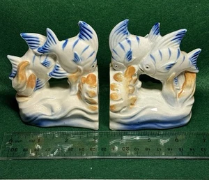 Vintage Japan Ceramic Fish Bookends Hand Painted Nautical Mid Century Decor - Picture 1 of 5