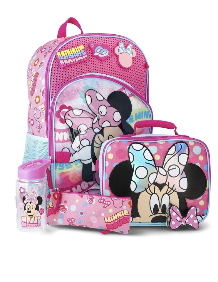6 Pc Disney Minnie Mouse Pink Full 16" Backpack W/ Lunch Bag Water Bottle