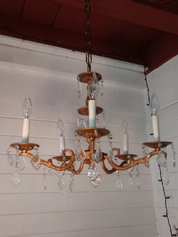 Vintage Spanish Solid Brass 5 Arm, Ornate Chandelier painted Antique Gold Cover