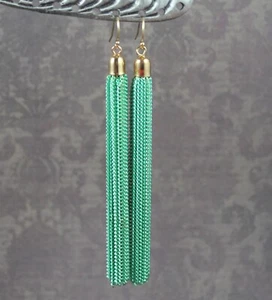 Green and Gold Long Tassel Earrings with 14K Gold Fill Earwires - Picture 1 of 4