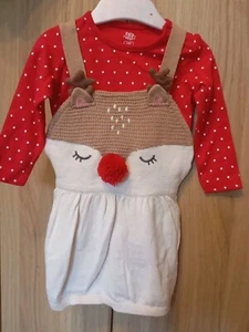 F&F Knit Dress Outfit Girls 9-12 Months Red Christmas Rudolph Long Sleeves Vest - Picture 1 of 3