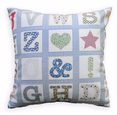 LL412a Blue White Light Blue Beige English Words Cotton Canvas Cushion Cover - Image 1 of 4